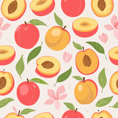 Fototapeta premium Seamless pattern with whole peaches, peach halves, green leaves, and pink blossoms on pastel background. Fresh summer fruit design in minimal, clean, hand-drawn retro style