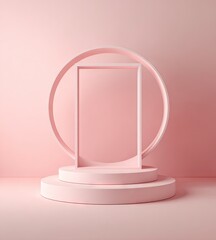 Minimalist pink display stand with concentric circles framing a rectangular panel, atop layered cylindrical platforms against a pale pink backdrop