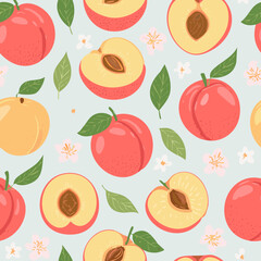 Seamless pattern with whole peaches, peach halves, green leaves, and pink blossoms on pastel background. Fresh summer fruit design in minimal, clean, hand-drawn retro style