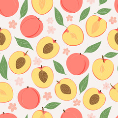 Seamless pattern with whole peaches, peach halves, green leaves, and pink blossoms on pastel background. Fresh summer fruit design in minimal, clean, hand-drawn retro style