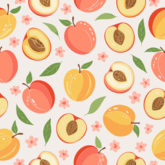 Seamless pattern with whole peaches, peach halves, green leaves, and pink blossoms on pastel background. Fresh summer fruit design in minimal, clean, hand-drawn retro style