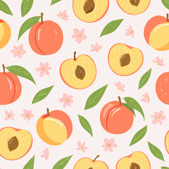 Seamless pattern with whole peaches, peach halves, green leaves, and pink blossoms on pastel background. Fresh summer fruit design in minimal, clean, hand-drawn retro style