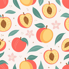 Seamless pattern with whole peaches, peach halves, green leaves, and pink blossoms on pastel background. Fresh summer fruit design in minimal, clean, hand-drawn retro style