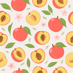 Seamless pattern with whole peaches, peach halves, green leaves, and pink blossoms on pastel background. Fresh summer fruit design in minimal, clean, hand-drawn retro style