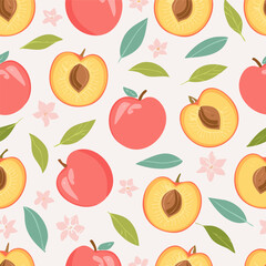 Seamless pattern with whole peaches, peach halves, green leaves, and pink blossoms on pastel background. Fresh summer fruit design in minimal, clean, hand-drawn retro style