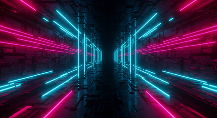 Abstract futuristic tunnel with glowing pink and blue neon lights creating a sense of depth and technological advancement.