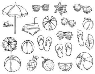 Doodle-style black illustrations of beach vacation essentials hand-sketched summer isolated on a transparent background.
