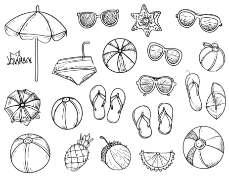 Doodle-style black illustrations of beach vacation essentials hand-sketched summer isolated on a transparent background. - Powered by Adobe