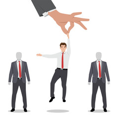Businessman is picked from a group by a giant hand, symbolizing selection, recruitment. Flat vector illustration isolated on white background