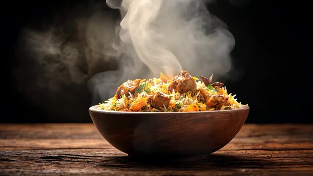 Delicious steaming hot mutton biryani served on a bowl with aromatic steam, Traditional Cuisine in 4K motion video.