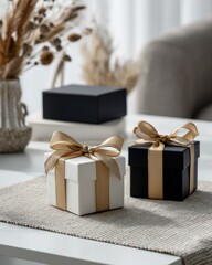 Two small gift boxes, one white and one black, adorned with gold ribbon, sit on a beige placemat atop a white table, next to dried flowers in a vase