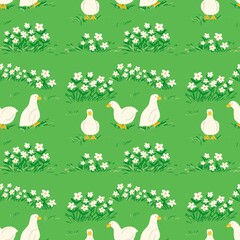 Cute White Ducks and Daisy Flowers Seamless Pattern on Green Field