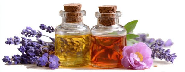 Two small glass bottles of essential oil, one amber and one golden, sit amidst sprigs of lavender and a pink flower