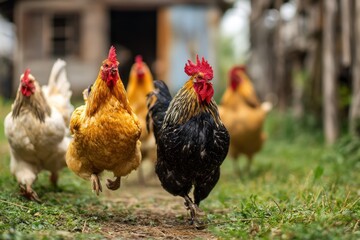 Chickens running through a farm path in the morning light with roosters in vibrant colors