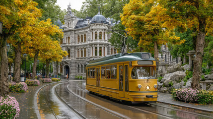 Vintage yellow tram travels along a winding track surrounded by vibrant autumn trees and historic architecture, creating a picturesque urban scene with charm and nostalgia