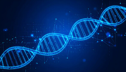 Futuristic digital DNA strand with binary code and network connections on glowing blue background