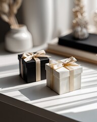 Two small square gift boxes, one black and one white, adorned with beige satin ribbons, sit on a white surface in sunlit room