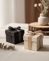 Two small square gift boxes, one black and one off-white, sit on a light wood surface, each adorned with a satin ribbon bow.  A wooden slice and dried flowers are in the background