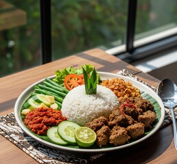 Authentic Indonesian Nasi Rendang Platter with White Rice and Fresh Vegetables
