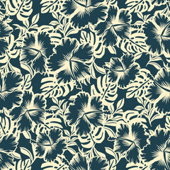 Hand drawn hibiscus flower on foliage leaf texture background monochrome seamless pattern
