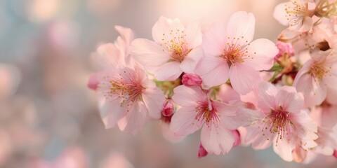 The delicate cherry blossoms in full bloom creating a serene atmosphere.
