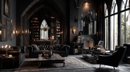 Obraz premium Elegant Dark Gothic Room Interior with Rich Textures and Decor