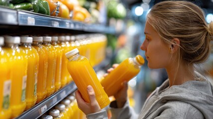Woman in a supermarket aisle selecting a bottle of orange juice from a shelf.