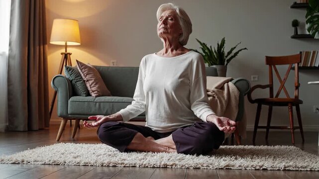 Senior woman practicing meditation at home for mindful relaxation and peaceful wellness