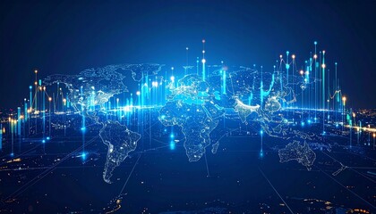 Abstract digital world map with glowing lines representing global economic growth