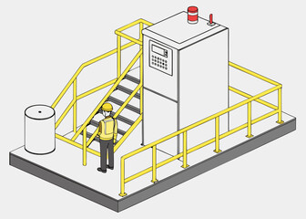 Factory wastewater treatment process diagram in isometric style, featuring bar screening and environmental system elements.