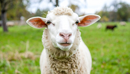Obraz premium Portrait of cute white sheep. Domestic animal. Blurred green pasture.