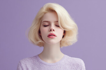 photorealistic portrait of blonde woman on clean pastel background