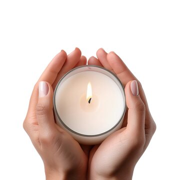 mano sostiene vela blanca aislada, fondo blanco mockup