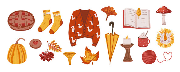 Autumn vibe set with orange knit cardigan, pie and umbrella. Fall season illustration with leaves and pumpkin in trendy flat style