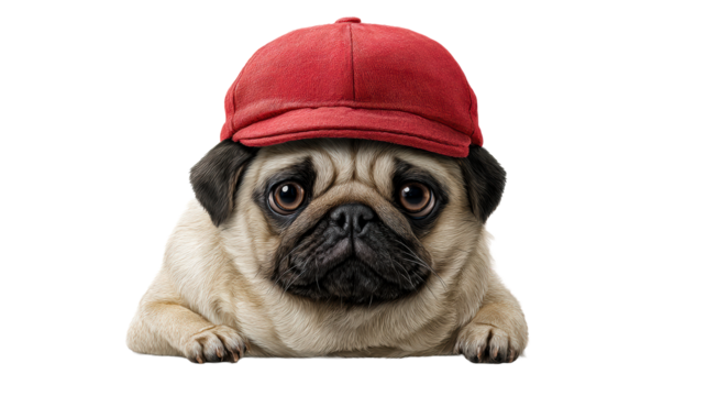 Pug dog wearing a red cap and looking at the camera next to a box