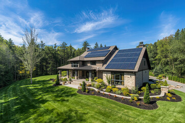 Luxury Home with Solar Panels in a Green Forest Setting