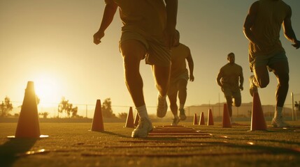 Preseason Training Camp Warm-Up - Athletes Stretching, Agility Ladder and Cone Drills on Field
