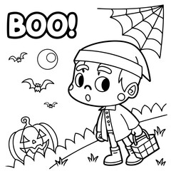 Halloween for kids, simple lines, vector , cute Halloween, Boo!, Halloween Background coloring page black and white 