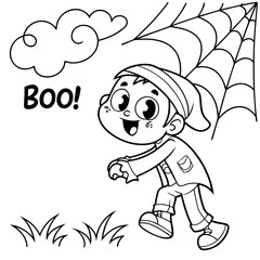 Halloween for kids, simple lines, vector , cute Halloween, Boo!, Halloween Background coloring page black and white 