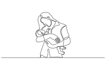 Continuous one line drawing of Woman with newborn baby. Single line drawing illustration of Loving mother hugs her little baby. Embracing Motherhood concept vector art. Doodle line illustration.