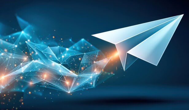 Abstract paper airplane with glowing connected network on a gradient background