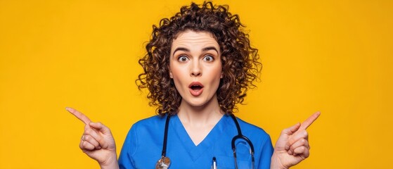 The surprised nurse with curly hair pointing in a cheerful atmosphere.