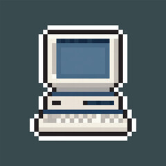 old computer in pixel art style with isolated background and outline