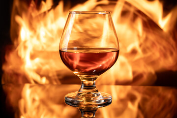 Glass of wine on table with fire in background