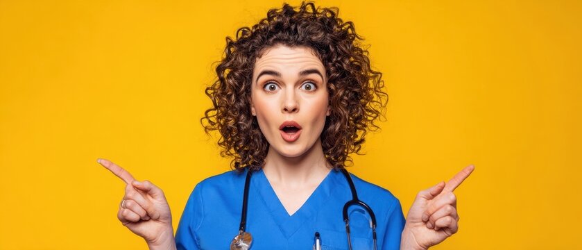 The surprised nurse with curly hair pointing in a cheerful atmosphere.