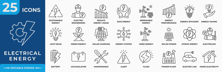 Electrical Energy Line Editable Icon Set. Containing electric, energy, battery, solar, renewable, sustainable, sun, safe energy and performance. Simple Line Vector Illustration.