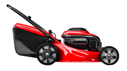 Red self propelled lawn mower on grass detail
