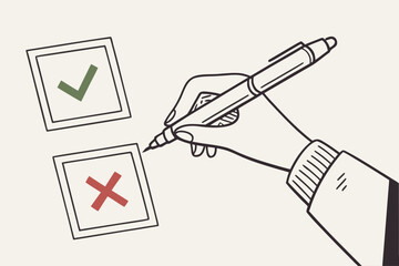 Naklejka premium Making a choice between correct and incorrect options, Hand with a pen marking a checkbox, Doodle style vector illustration - Generative AI 