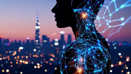 Futuristic digital human silhouette with neural network overlay against cityscape at sunset - Powered by Adobe