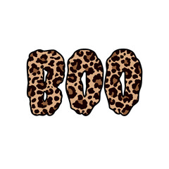 A trendy typography design featuring the word  BOO in a stylish leopard print pattern, perfect for Halloween.